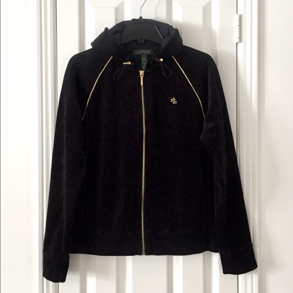 Ralph Lauren Tops - Ralph Lauren Black Velvet Front Zip Hoodie l Sz S